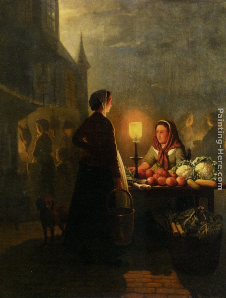 Petrus Van Schendel Market Stall by Moonlight